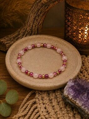 Ruby & Rose Quartz Bracelet, 7 Inch Stretch Gemstone Bracelet, Pink Red Handmade